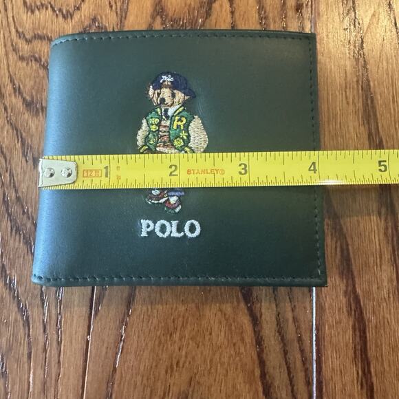 Polo Ralph Lauren Bifold Billfold Wallet Green Leather Preppy Bear Jacket - Picture 10 of 13